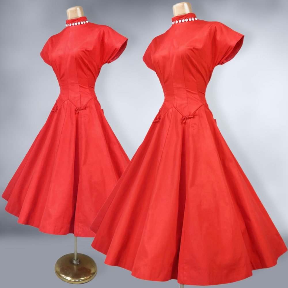VINTAGE 50s Vibrant Red Full Sweep New Look Party Dress with Mother of Pearl VFG - Picture 5 of 11